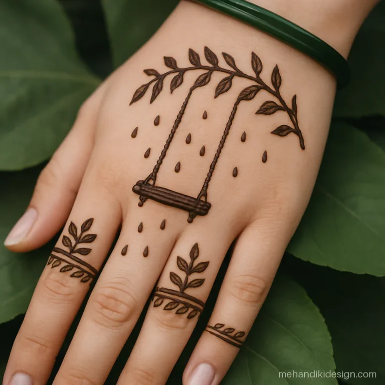 Back hand mehandi for Teej with a jhula swing and green leaf bel