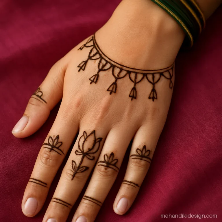 Kamal mehandi design on the back hand with a toran of hanging lotus buds and bells
