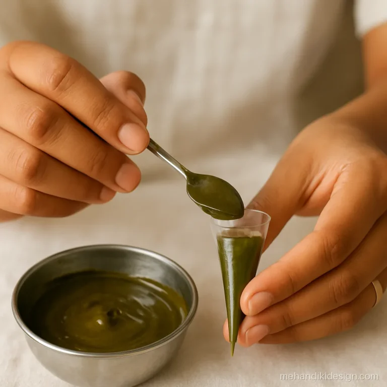 Filling a homemade mehandi cone with smooth henna paste using a spoon