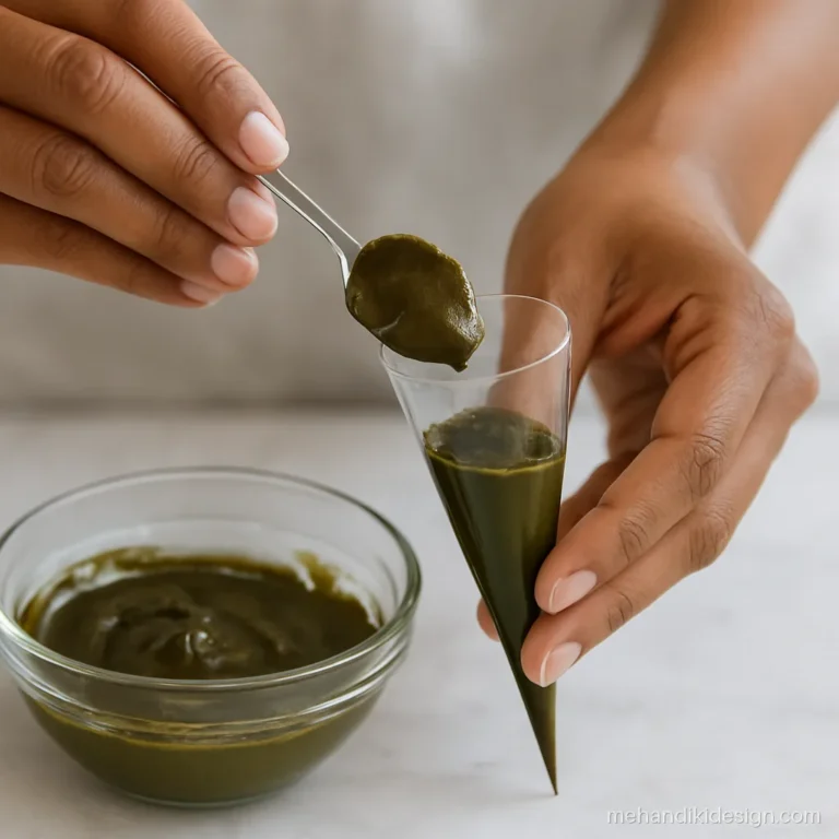 Filling a mehandi cone halfway with smooth henna paste using a spoon