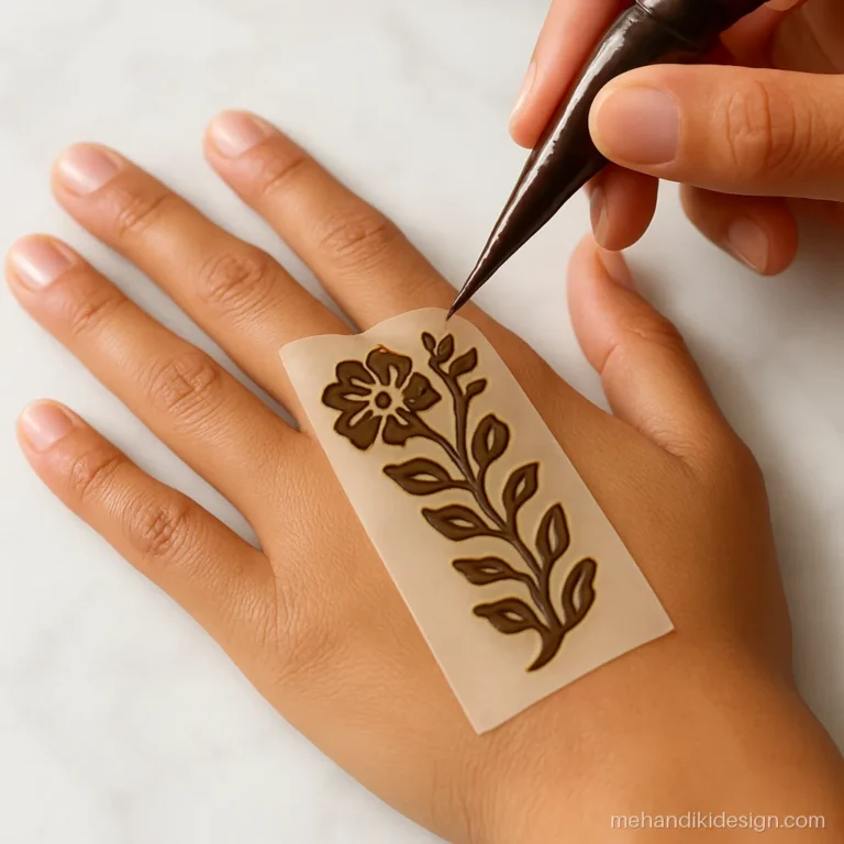 Henna cone filling the cut-outs of a mehandi stencil on the hand