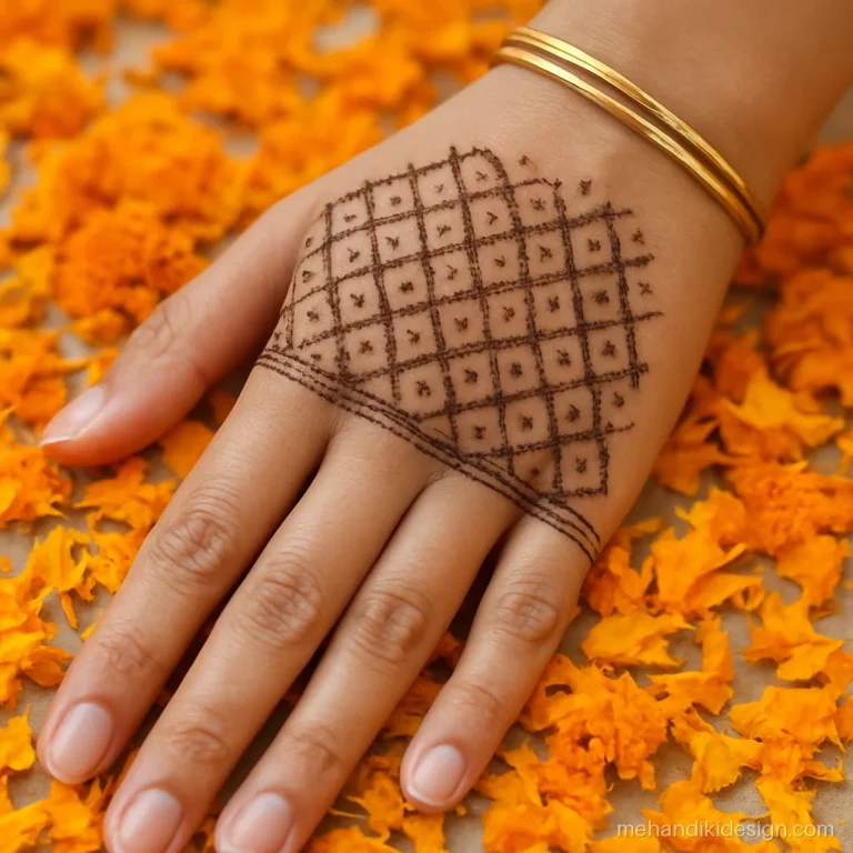 Fine tip mehandi cone design with a delicate jaal net on the back hand