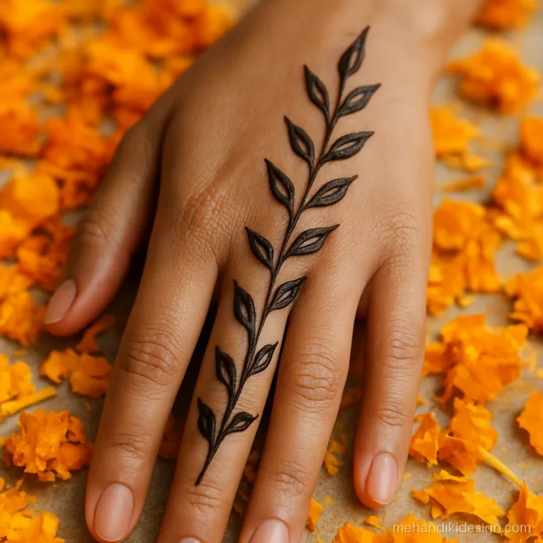 Finger mehandi design with a leaf vine down the index finger