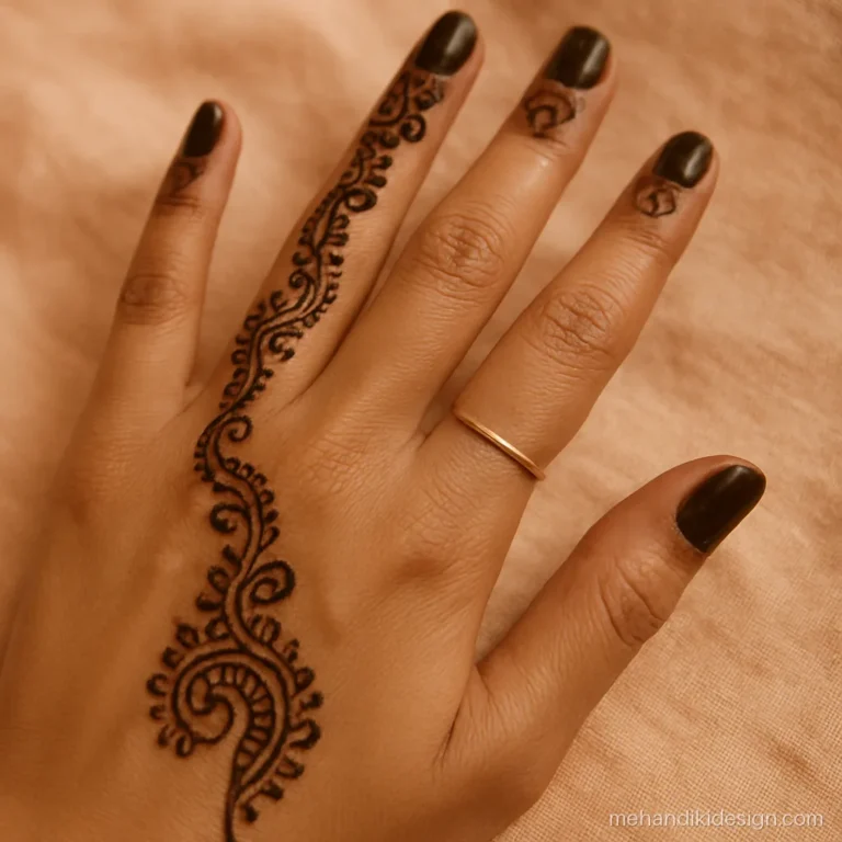 Mehandi finger design with a paisley bel on the inner fingers