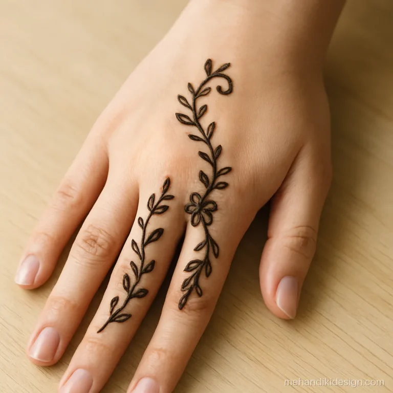 Finger mehandi with a swirl bel on the middle and ring fingers