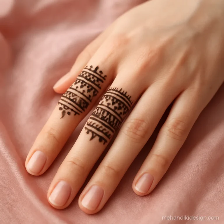Geometric finger mehandi stencil with triangle bands on three fingers