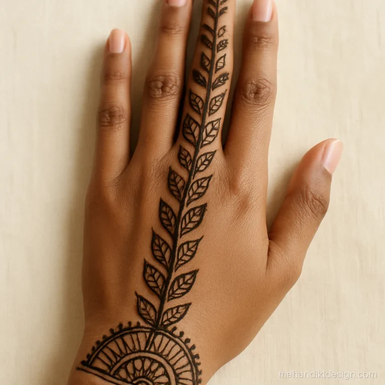 Finger to wrist bel mehandi down the middle finger with net filled leaves