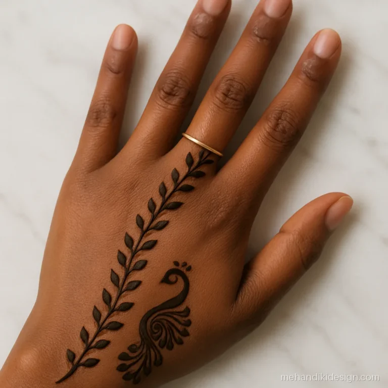 Finger to wrist bel mehandi ending in a small peacock at the wrist