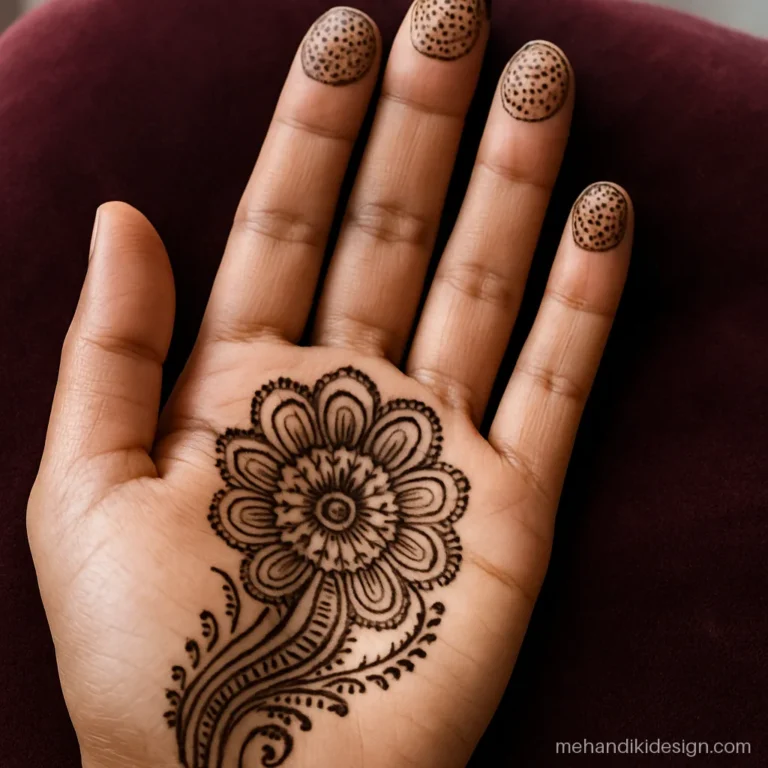 Finger mehandi design with dotted dome caps on the fingertips