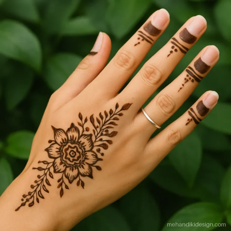 Mehandi finger design with half moon caps on each fingertip