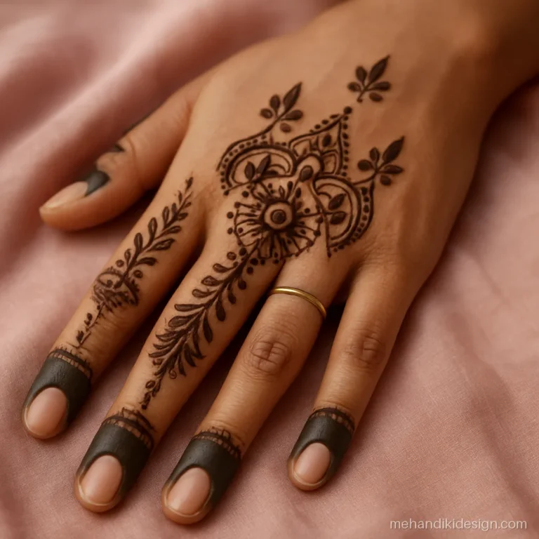 Mehandi design for fingers with petal crown caps