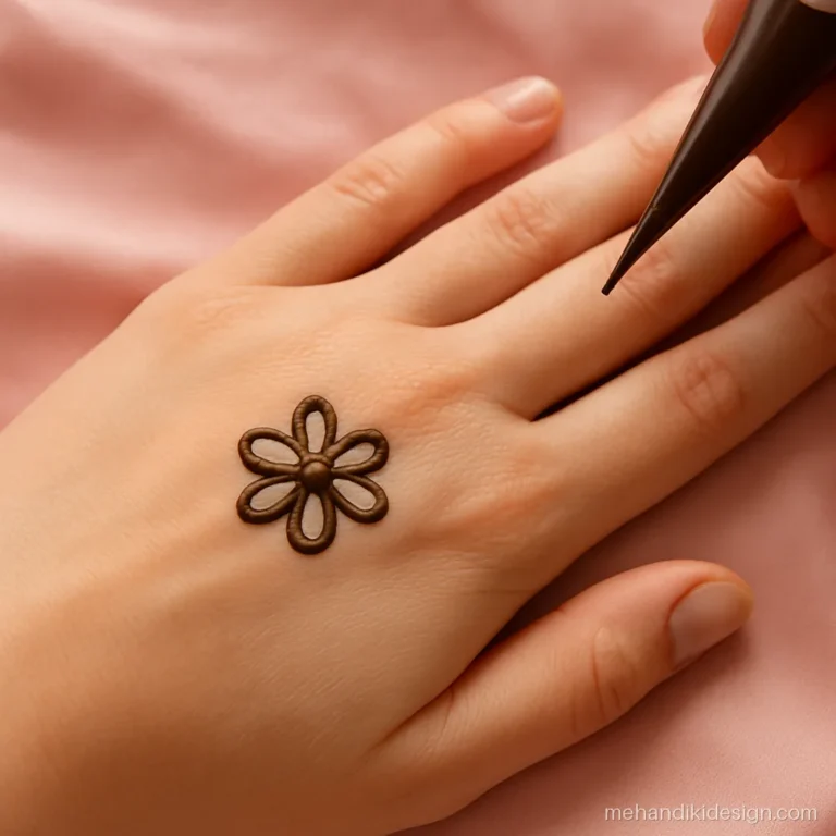 Step one of a beginner mehandi design with a centre flower on the back hand