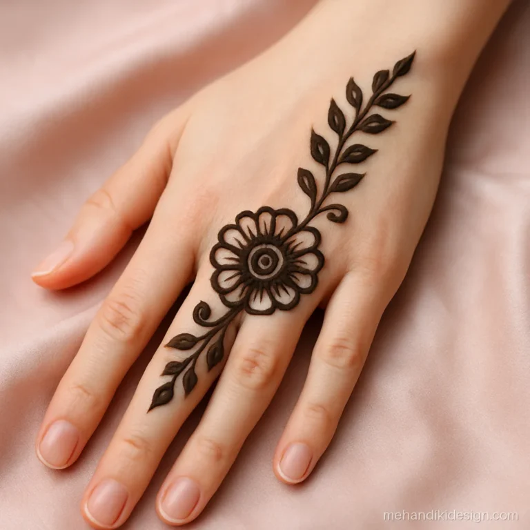 Step three of a beginner mehandi design adding a leaf bel to the index finger