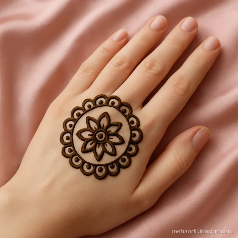 Step two of a beginner mehandi design adding a half moon ring