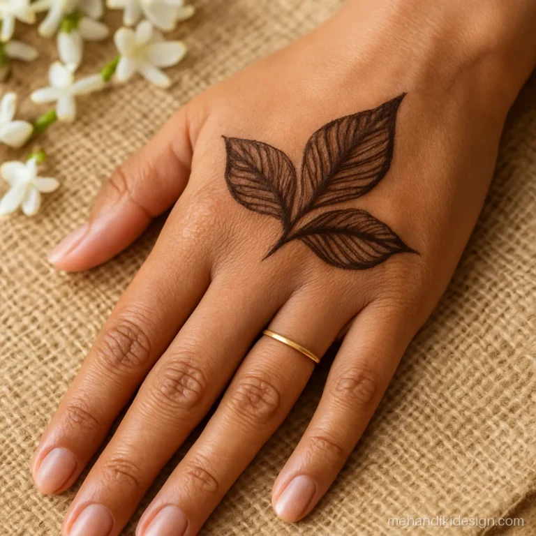 Five minute simple mehandi with a trio of leaves on the back hand