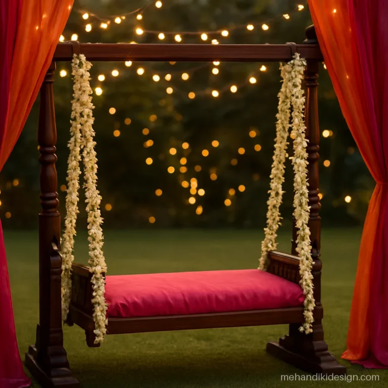 Wooden jhoola swing wrapped in white flowers and fairy lights for a mehandi night
