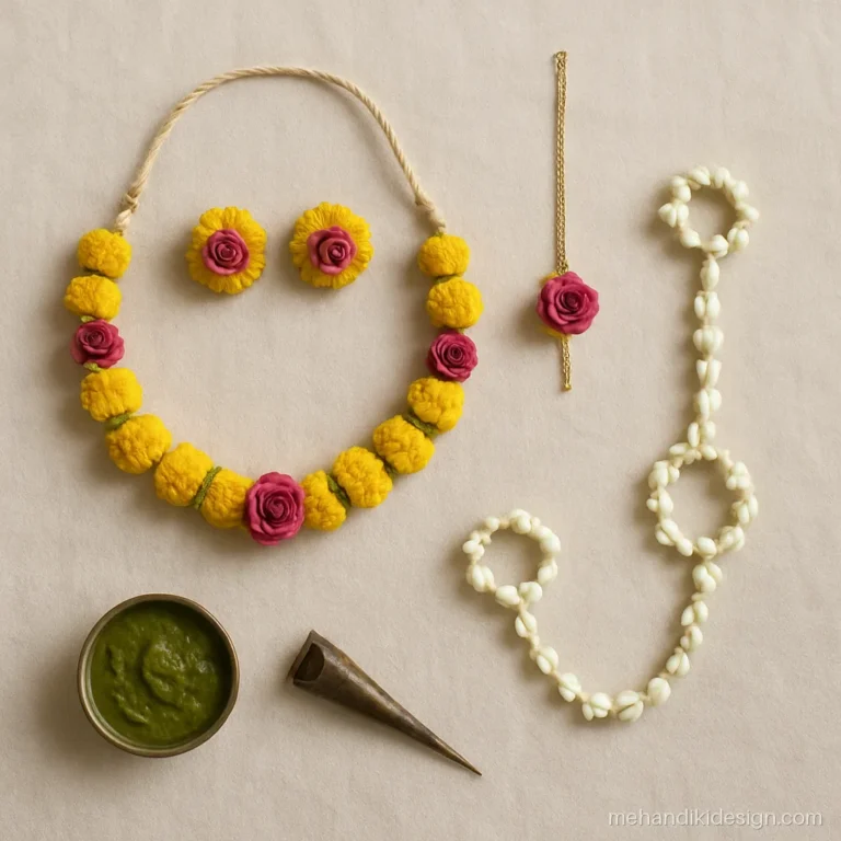 Floral mehandi jewellery set with marigold and rose necklace, earrings and haathphool laid out