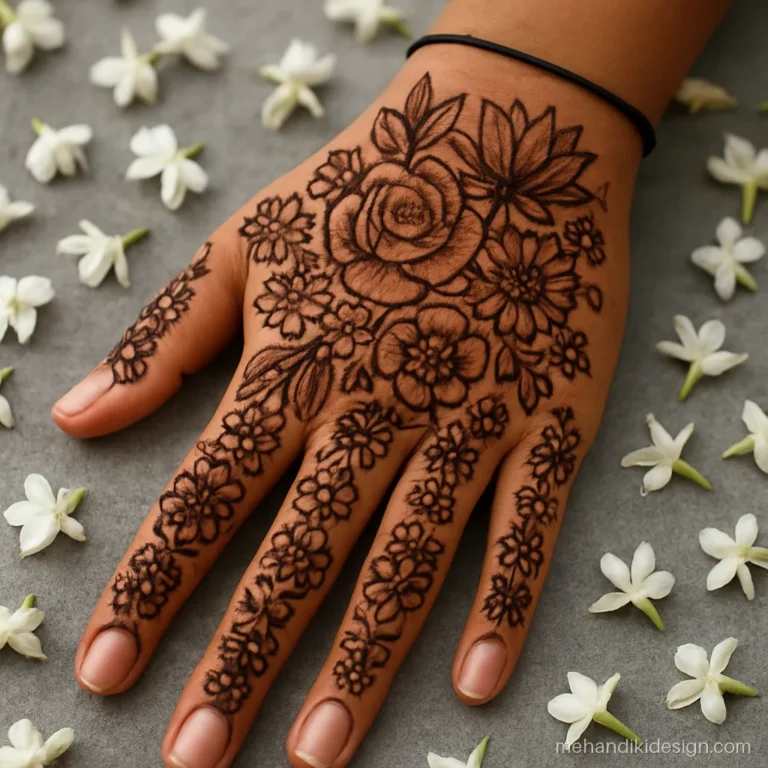 Flower back hand mehandi fully filled with mixed florals