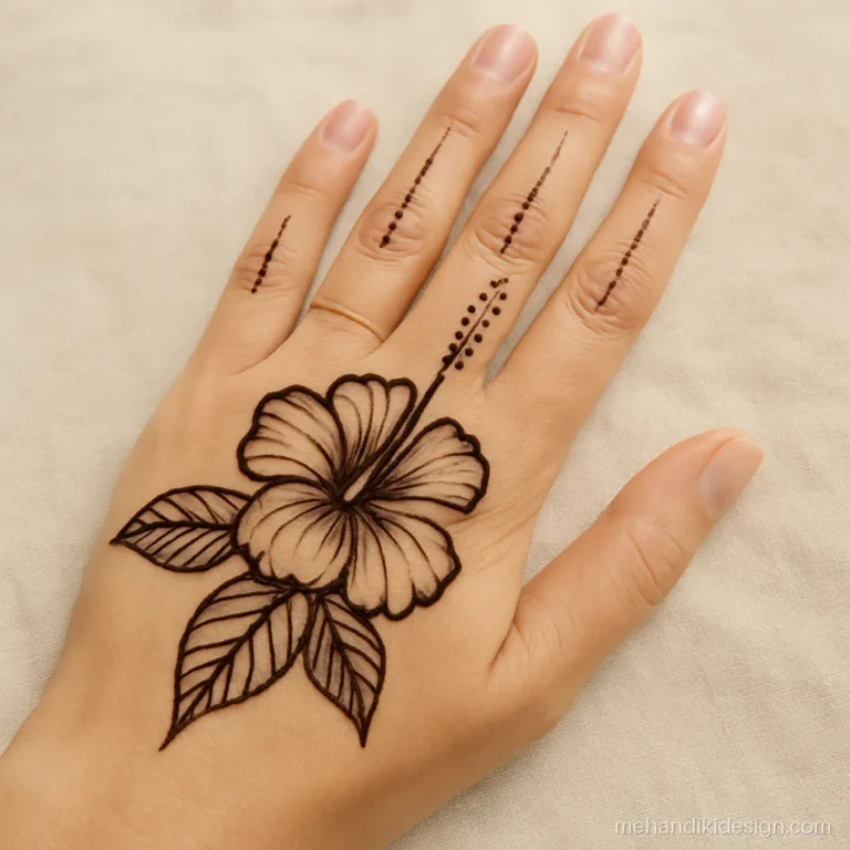 Flower back hand mehandi with a big hibiscus and leaves