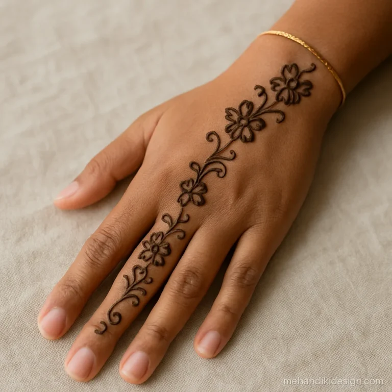 Flower bel mehandi running diagonally across the back hand