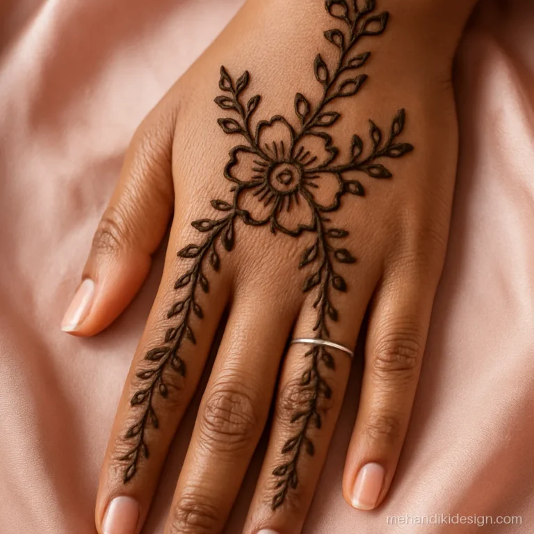 Flower bel mehandi with two vines crossing on the back hand