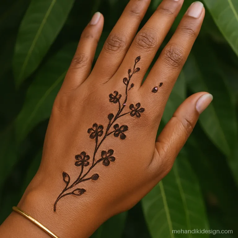 Flower mehandi on back hand with a cherry blossom branch