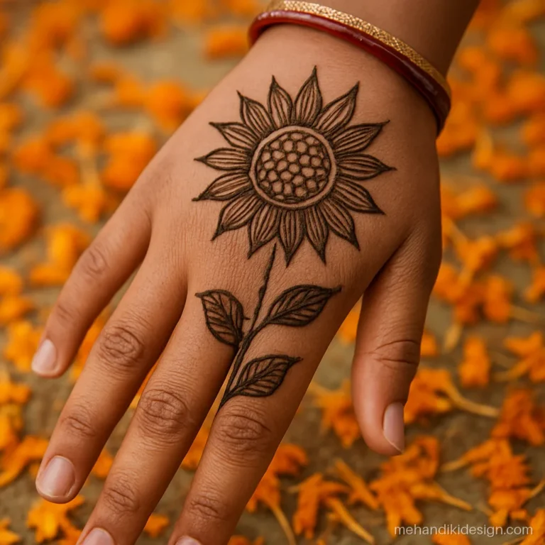 Flower mehandi design on back hand with a sunflower and checks