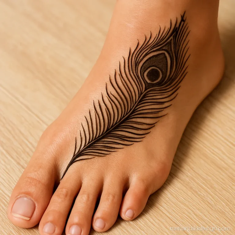 Foot mehandi design with a peacock feather starting from the big toe