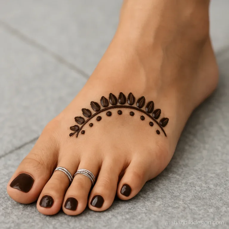 Foot mehandi design with filled toe caps and an arch of tiny petals