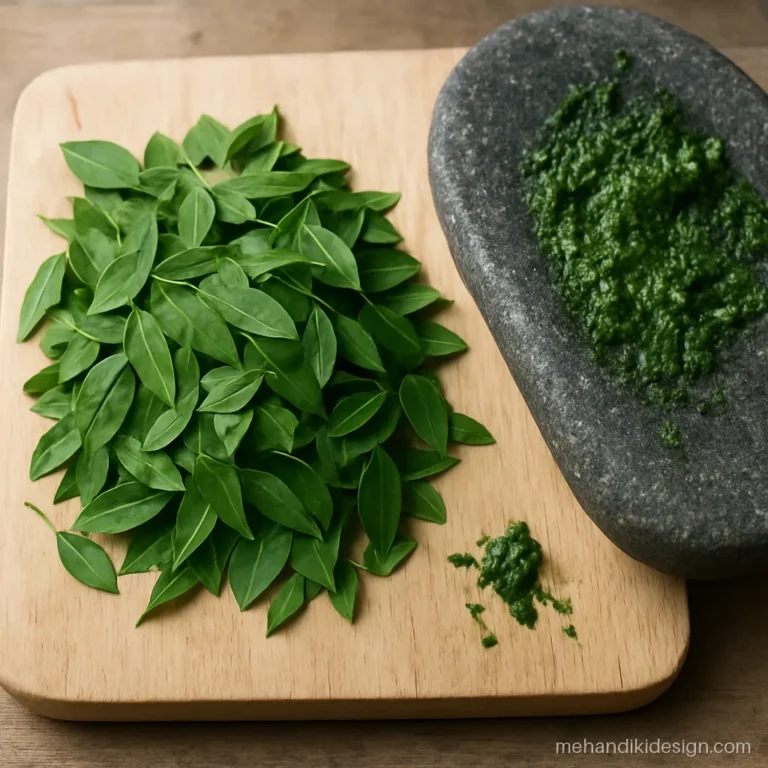 Fresh mehandi leaves picked from the plant on a wooden board