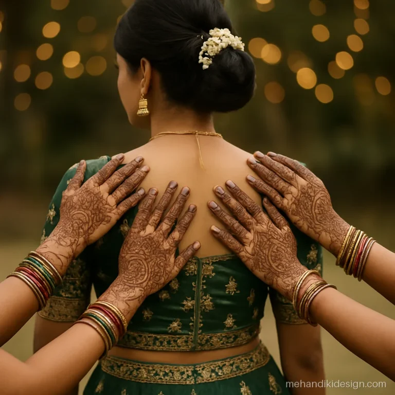 Friends mehandi pose with hennaed hands resting on the bride's shoulders