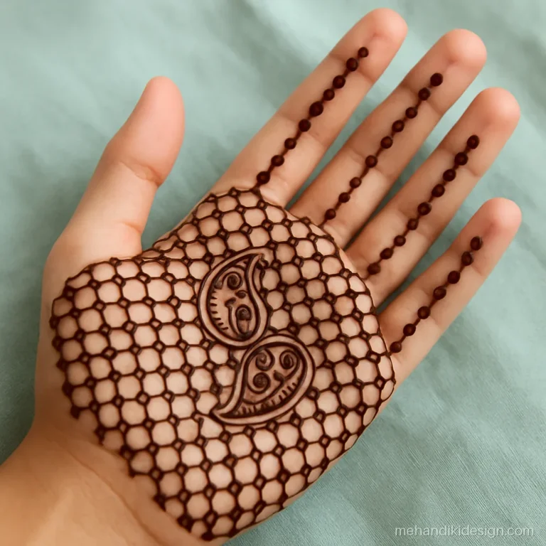 Mehndi designs simple full hand front with interlocking circle jaal and a paisley pair
