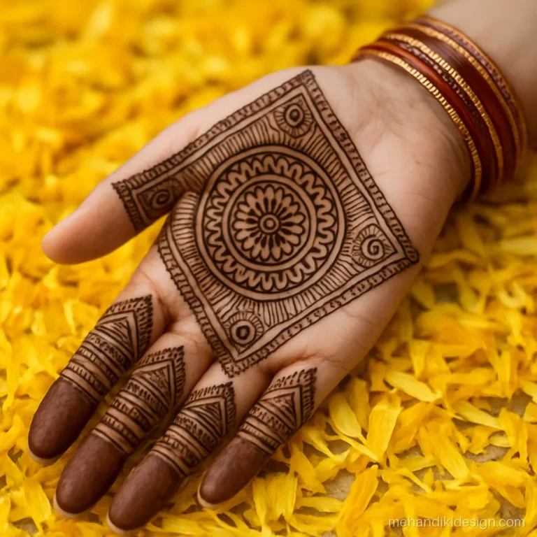 Mehndi design front hand full hand with a mandala framed in a square and corner paisleys