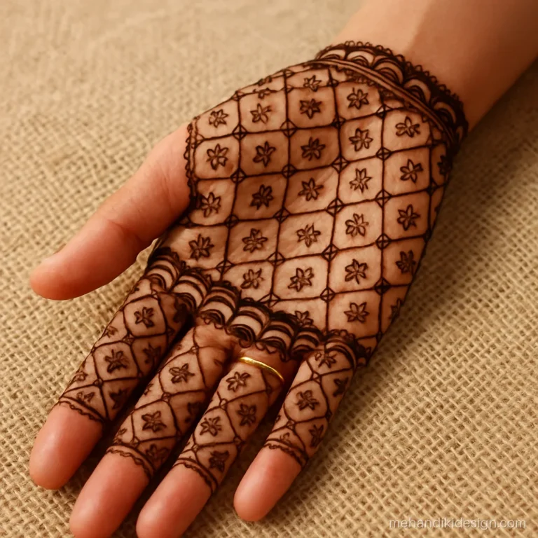 Front full hand mehendi design with a fine diamond jaal and a tiny flower in each diamond
