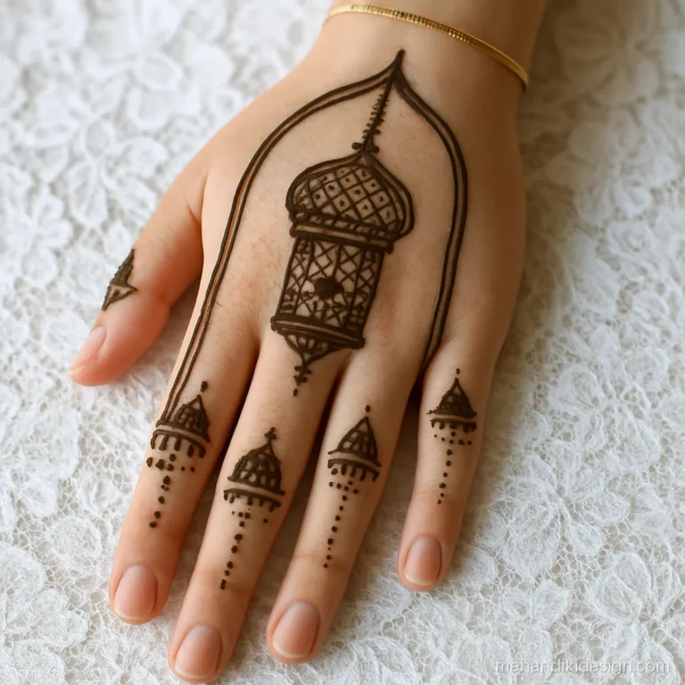 Mehndi design full hand front with one tall dome arch and a hanging lantern