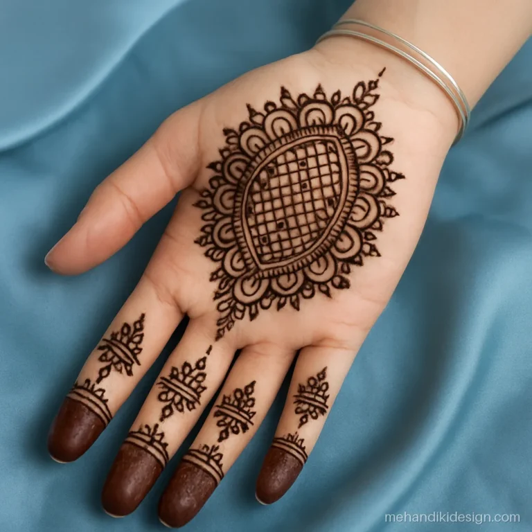 Full palm mehendi design with a tall oval mandala and tiered petal finger caps