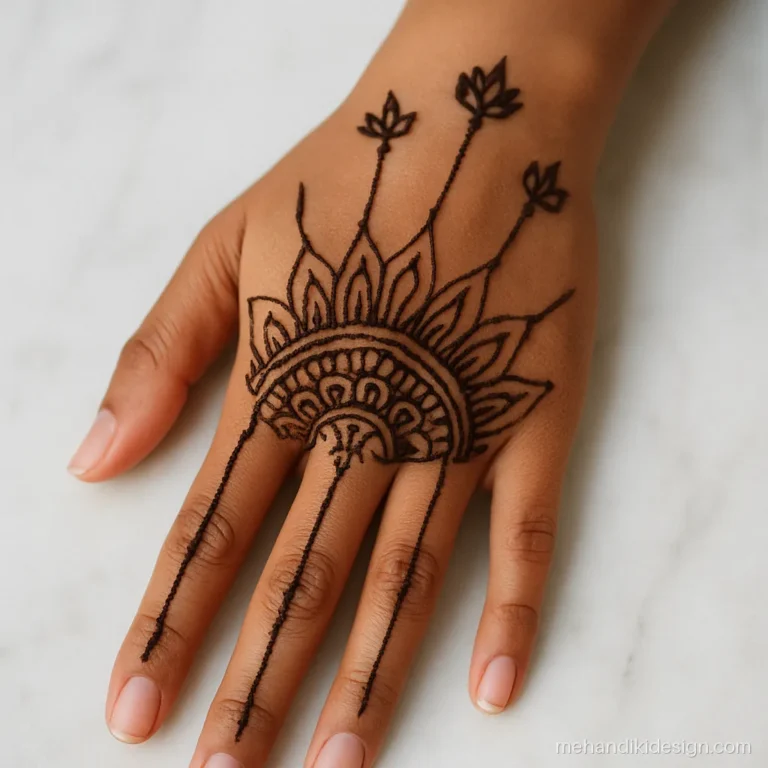 Front full hand mehndi design with a half mandala at the wrist and petal rays to the fingers