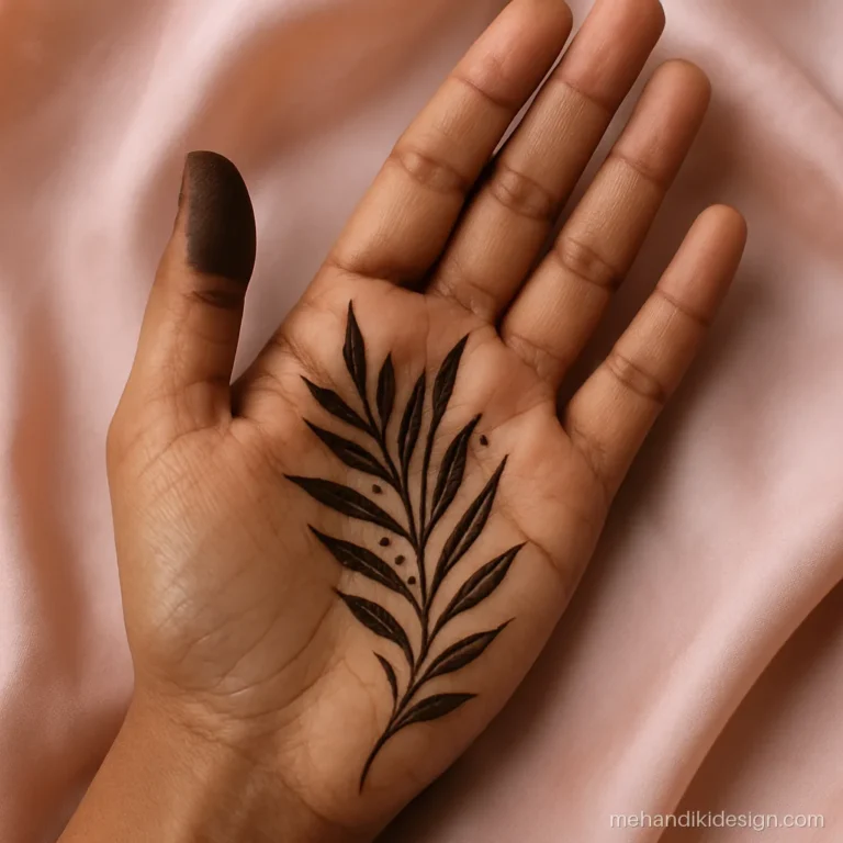 Front hand Arabian mehandi with a spray of long leaves from thumb to wrist