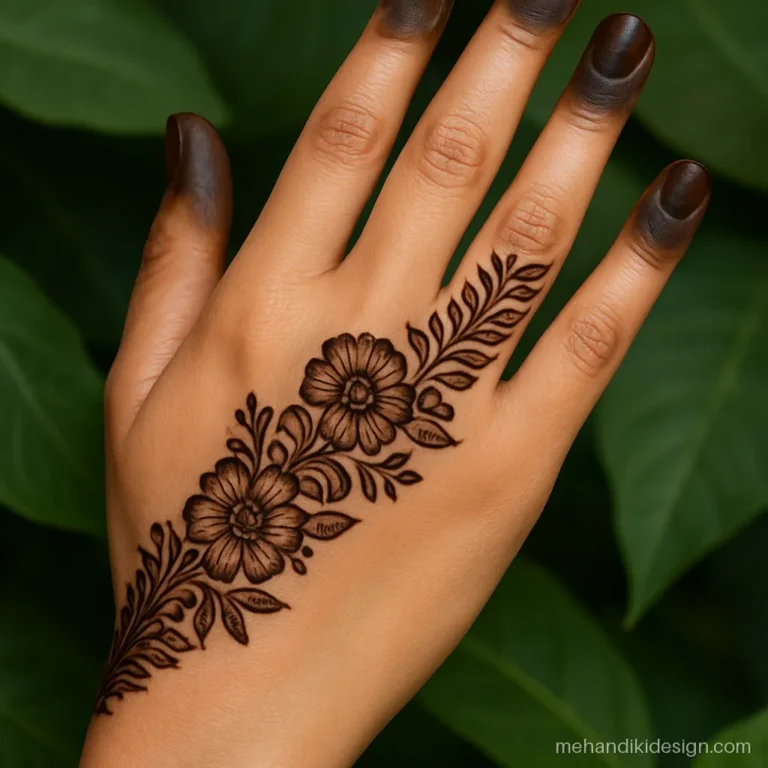Front hand Arabic mehandi with a bold diagonal floral band across the palm