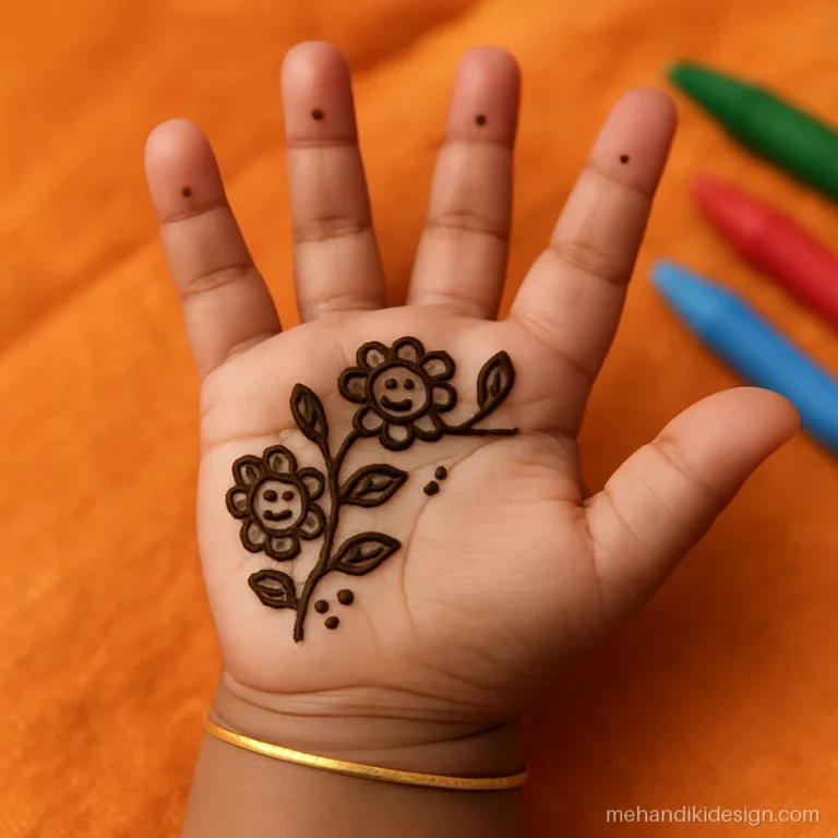 Front hand bel mehandi for kids with a cute vine and smiling flowers