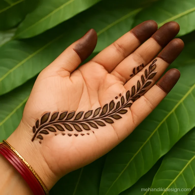 Front hand bel mehandi with an arc of leaves across the palm
