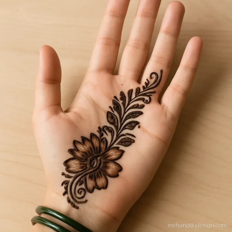 Front hand mehandi design photo with a shaded Arabic diagonal from palm to fingers