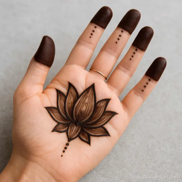 Front hand mehandi photo with a big lotus in the palm and filled fingertips