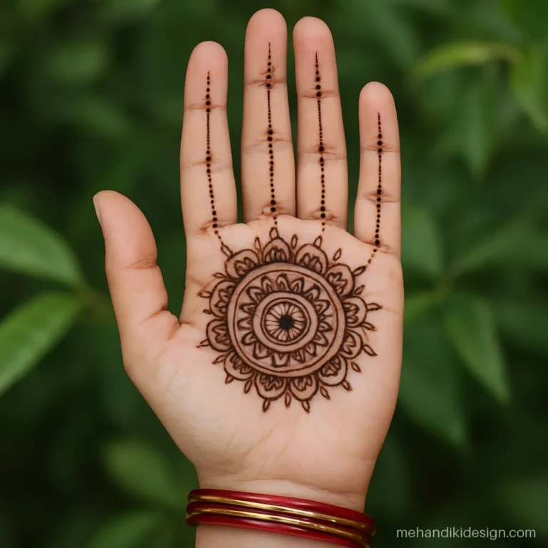 Front hand mehandi photo of a mandala with concentric rings and finger lines