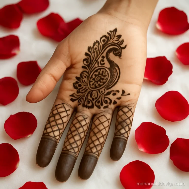 Front hand mehandi ki design photo with a peacock in the palm and jaal fingers