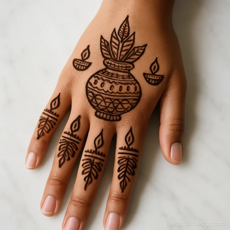 Full back hand mehandi with diya and kalash motifs for Diwali