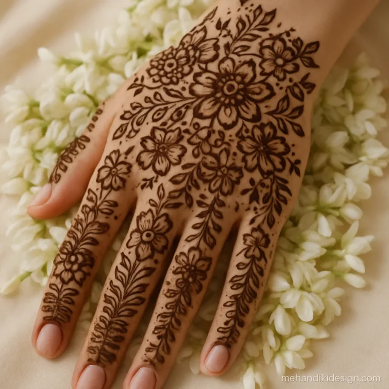 Full back side mehandi design with a carpet of mixed flowers