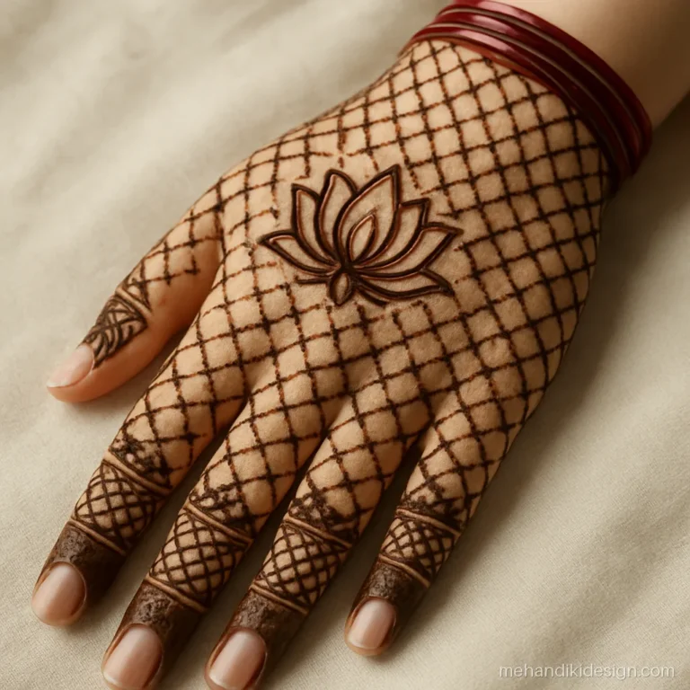 Full back hand mehandi design with a jaal net and lotus centre