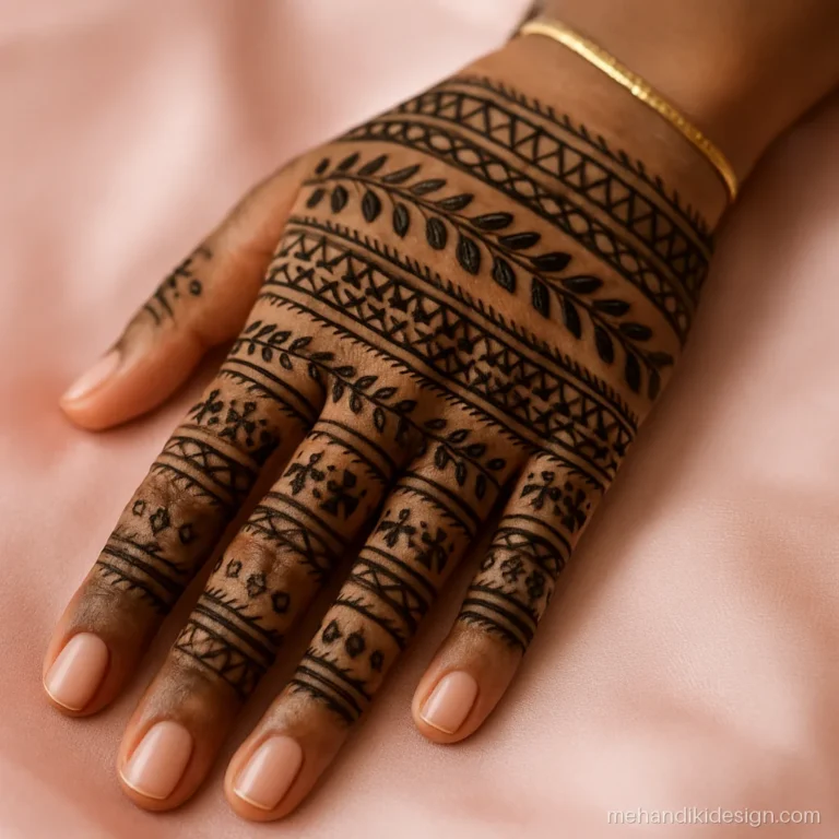 Full mehandi design back hand with layered decorative bands