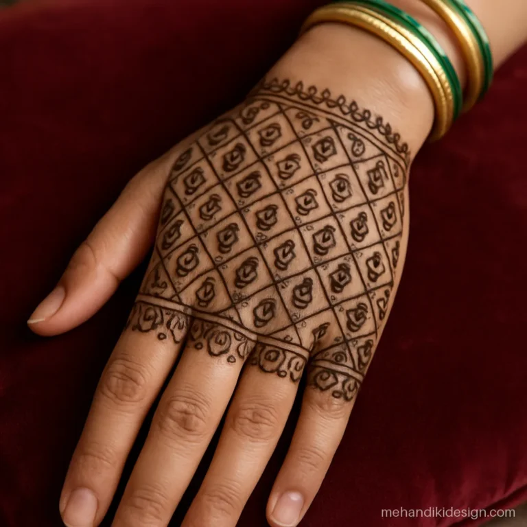 Full back hand mehandi with a grid of small paisleys